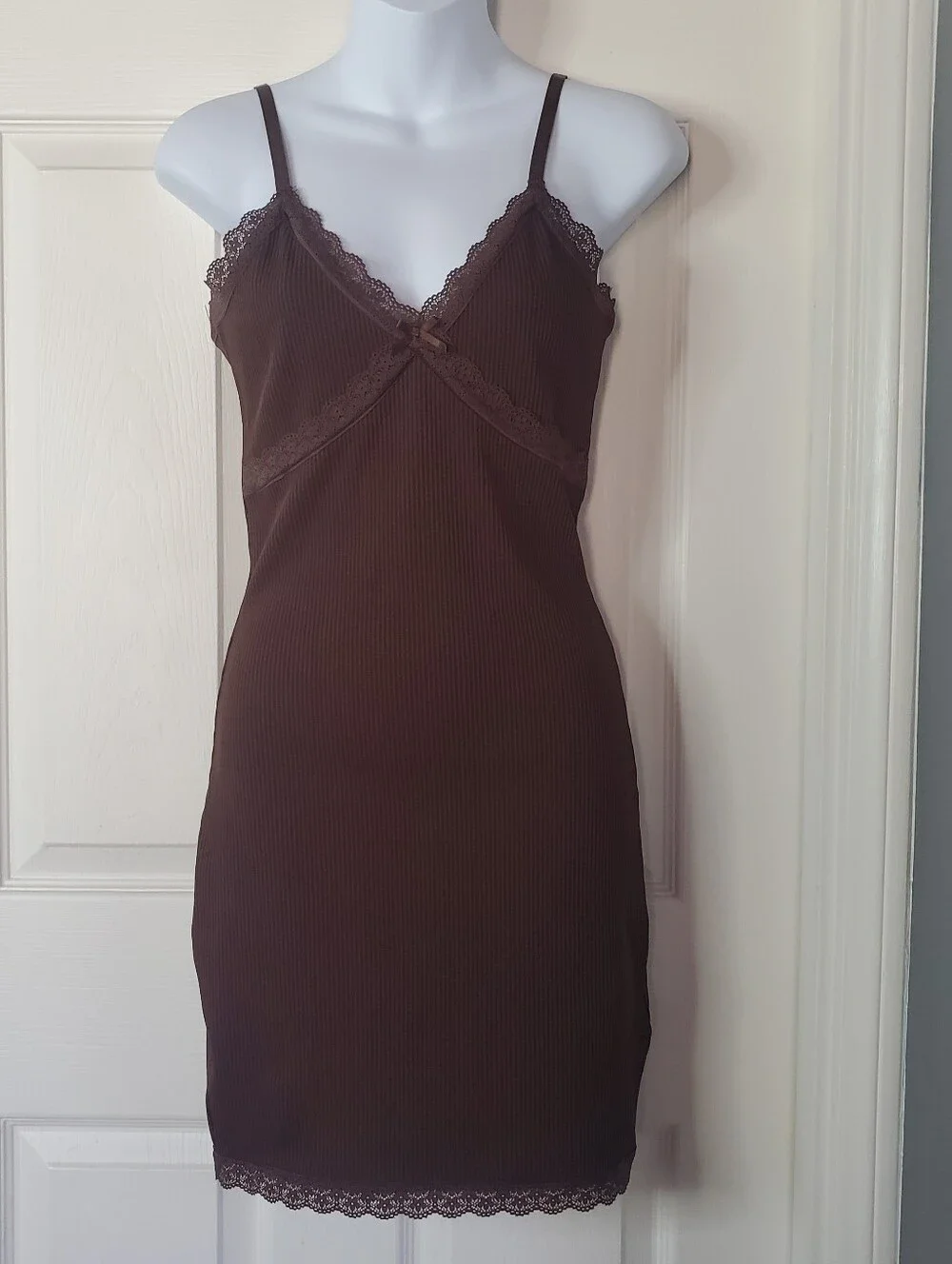 Divided Y2K Brown Ribbed Lace-Trim Slip Mini Dress Babydoll Festival Grunge Smal